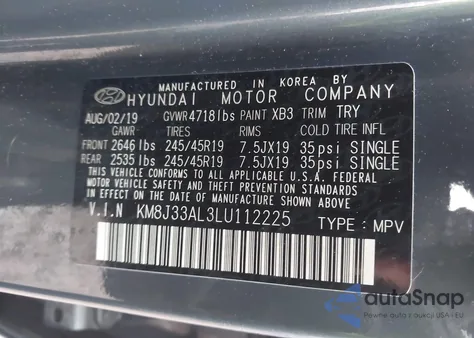 2020 Hyundai Tucson Sport из США, поврежденный, VIN KM8J33AL3LU112225